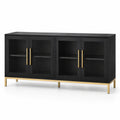 Schwarzes Holz-Sideboard mit Glastüren und goldenen Metallbeinen