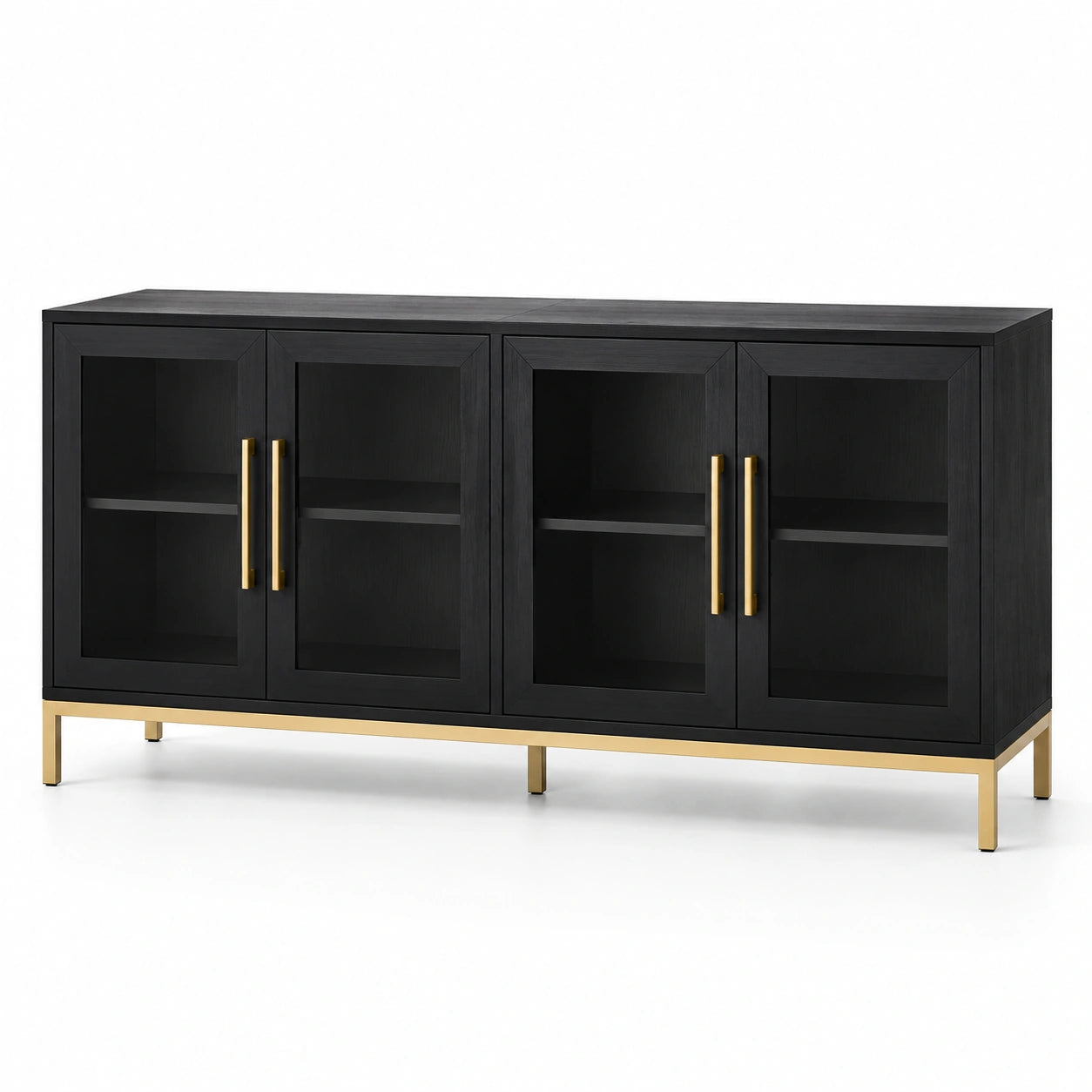 Schwarzes Holz-Sideboard mit Glastüren und goldenen Metallbeinen