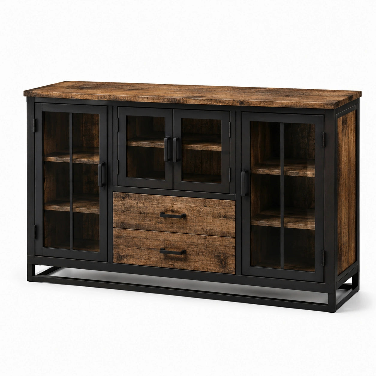 Sideboard aus Massivholz mit Stahlrahmen und Glastüren