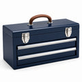 Stahl Werkzeugkoffer mit 2 Schubladen Blau und Ledergriff 45x20x25 cm
