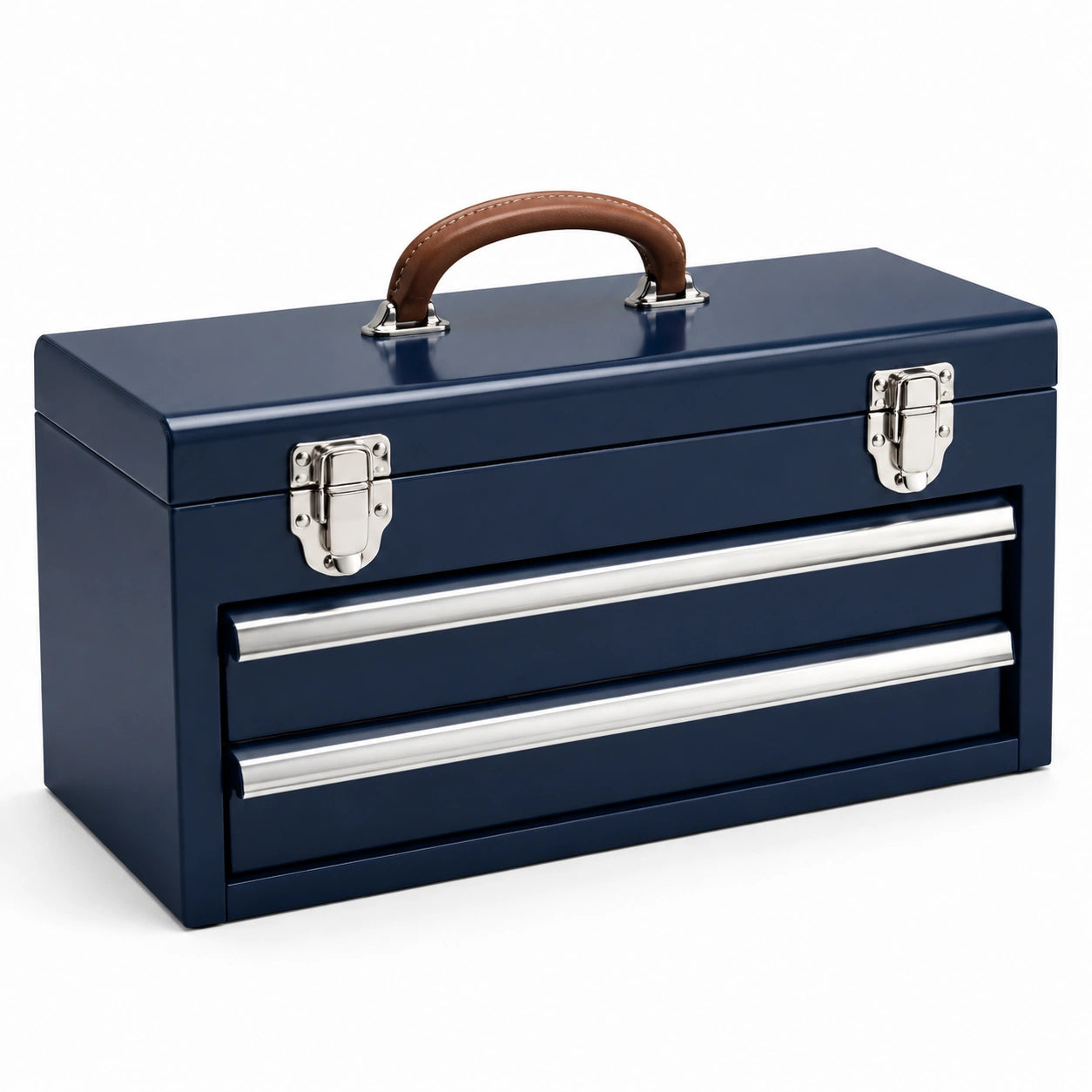 Stahl Werkzeugkoffer mit 2 Schubladen Blau und Ledergriff 45x20x25 cm