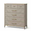 Kommode aus MDF mit Eichenfurnier und messingfarbene Griffe, 5 Schubladen, beige