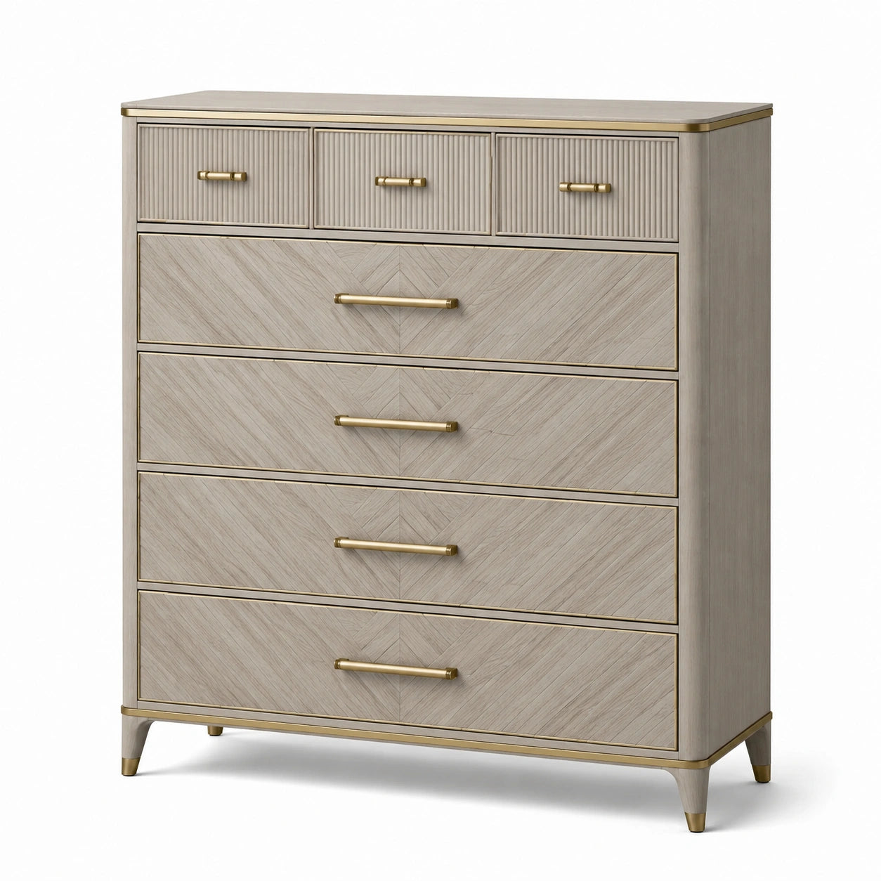 Kommode aus MDF mit Eichenfurnier und messingfarbene Griffe, 5 Schubladen, beige