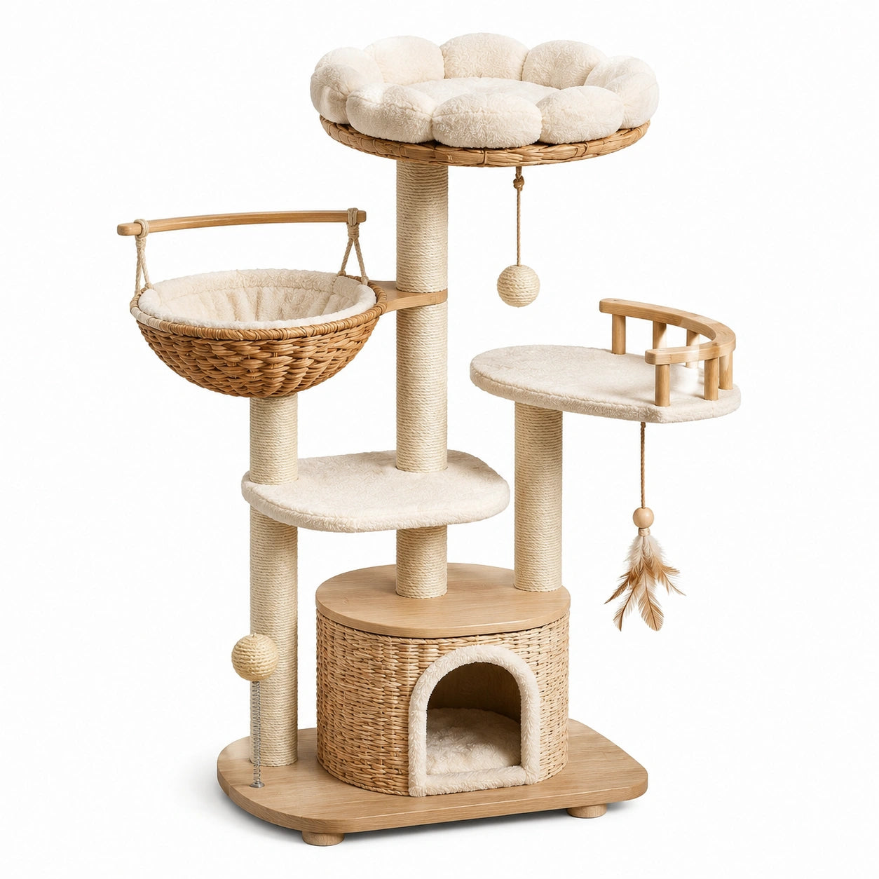 Katzenkratzbaum aus Holz und Raffiabast in Beige mit Höhle und Korb, 140 cm