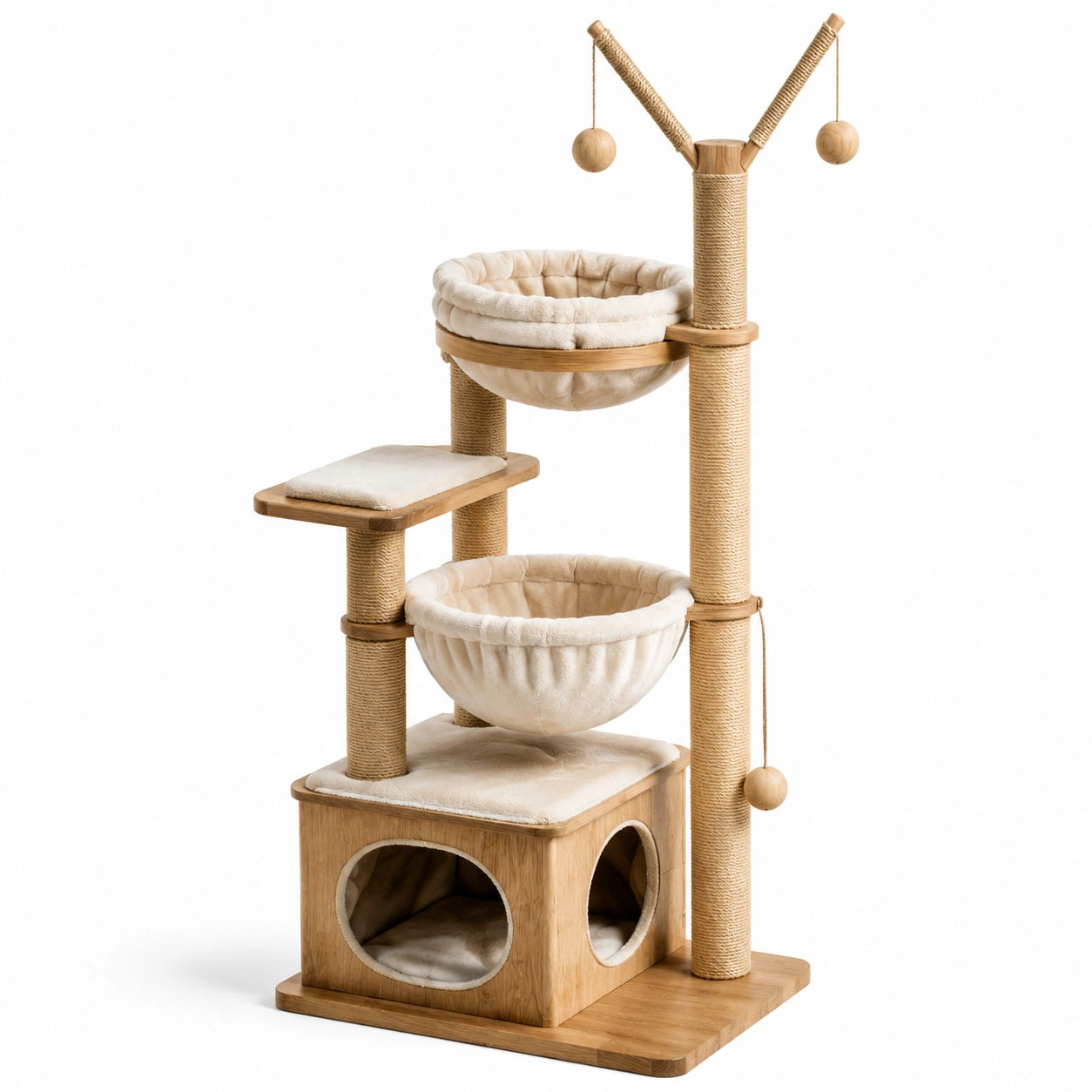 Holz Katzenkratzbaum mit Sisal und Plüsch, Creme, 60x40x130 cm