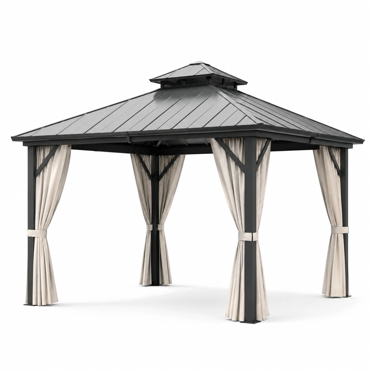 Pavillon 3x3m Aluminium Stahl mit Polyester Vorhängen Dunkelgrau