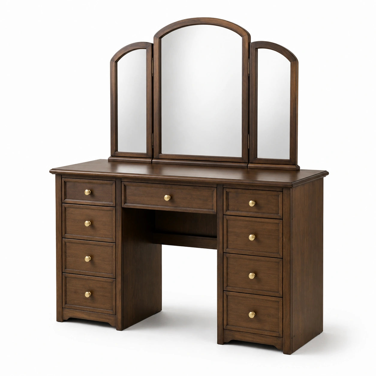 Holz Frisiertisch mit 3 Spiegeln und 9 Schubladen, Braun
